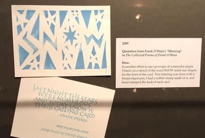 Anna Pinto's 2009 Holiday Card with stenciled 'Snow' and quote from Frank O'Hara.