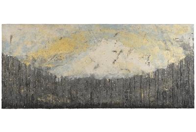 Kyoko Ibe, "Curved Horizon Hogosho with blue and gold", 2009, old gampi paper, mica, sumi ink, old document, 24 x 55 in.