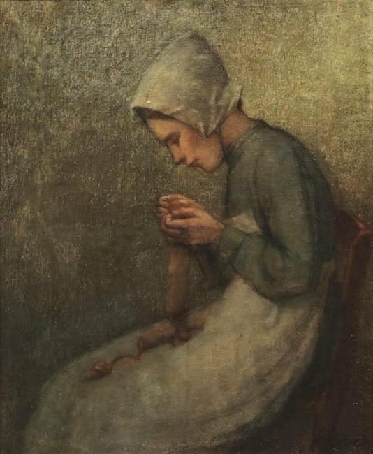 Peasant Knitting by John Douglas Patrick (Am., 1863-1937), exhibited at the 1936 Kansas City Art Institute in a retrospective of the artist's work.