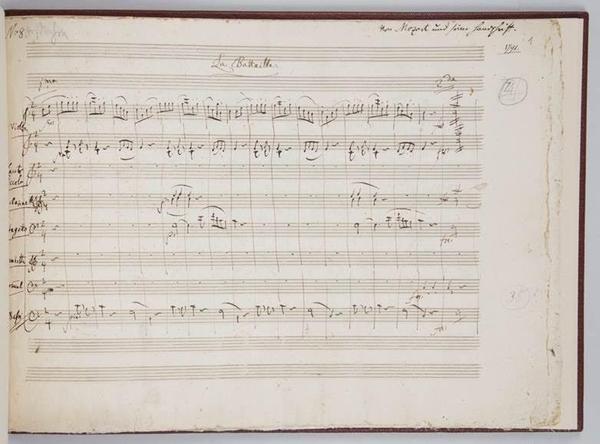 First page of a six-page complete musical manuscript, autographed by Wolfgang Amadeus Mozart and titled Le Bataille (K.535, a contredanse for orchestra).