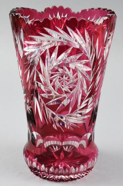 Lovely vintage German Imperlux cranberry glass cut to clear vase, 10 inches tall with the original foil label.  Estimate: $120-$180.