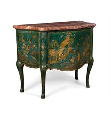 North Italian Rococo parcel gilt blue and polychrome japanned Chinoiserie decorated commode, Pietro Massa, Piedmont, mid-18th century, 38 ½ inches tall ($27,500).  