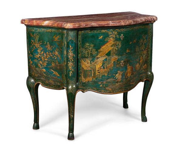 North Italian Rococo parcel gilt blue and polychrome japanned Chinoiserie decorated commode, Pietro Massa, Piedmont, mid-18th century, 38 ½ inches tall ($27,500).  