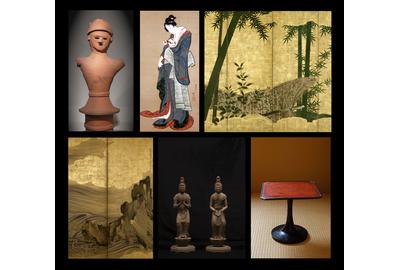 Clockwise, from top left: Haniwa Warrior, 6th century, courtesy Judith Dowling Asian Art.  Katsushika Hokusai, Young Geisha with Kitten (detail), circa 1805-10, courtesy Sebastian Izzard LLC Asian Art.  Madake Bamboo by Bamboo Fence (detail), 18th century; courtesy Erik Thomsen Asian Art.  Negoro lacquered stem table, 14th century; courtesy Mika Gallery.  Kannon Bosatsu and Seishi Bosatsu, Kei School, 13th century; courtesy Koichi Yanagi Oriental Fine Arts.  Attributed to Hasegawa Togaku, Waves 