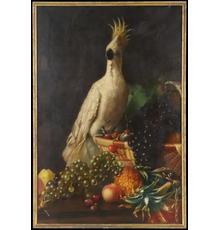 Oil on Canvas painting by J.  E.  Stevens, titled, Cockatiel and Fruit Still Life, dated 1868 (est.  $800-$1,200).