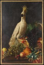 Oil on Canvas painting by J.  E.  Stevens, titled, Cockatiel and Fruit Still Life, dated 1868 (est.  $800-$1,200).