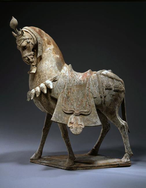 A Large Painted Pottery Caparisoned Horse, Northern Qi Dynasty, circa A.D.  550