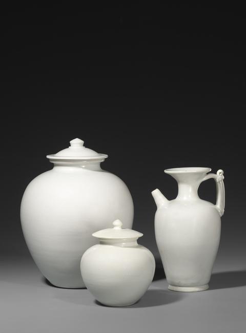 Large Covered Jar, Ewer, and Small Covered Jar; Xing and Ding kilns, Tang Dynasty (A.D.  618–907)