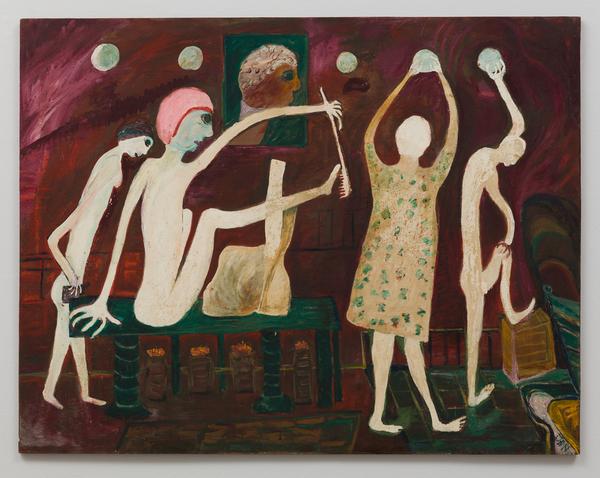 John Serl, Untitled (White Horned Creatures, Birds, Number Board), 1975, oil on board, 36 x 72”