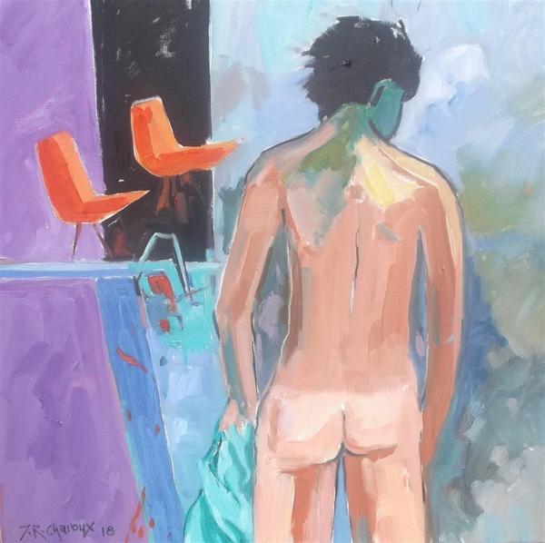 J.Roger Charoux, La Piscine, Acrylic & Oil on Canvas, 23.5'' x 23.5''