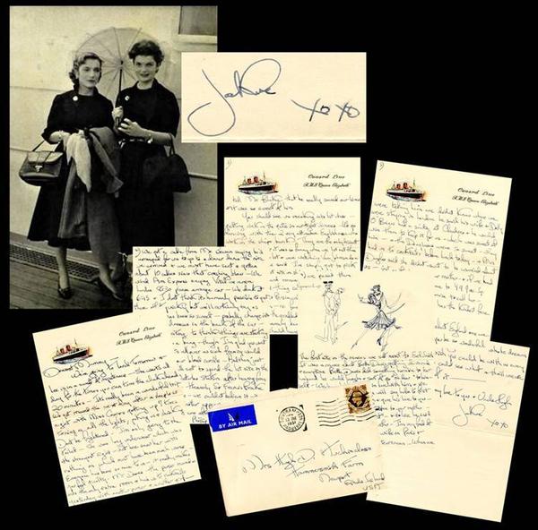 Six-page letter hand-written by Jackie (Bouvier) Kennedy to her mother in 1951, when she was in college, aboard the Queen Elizabeth ship, written on Cunard Line stationery, with illustrations (est.  $30,000-$35,000).