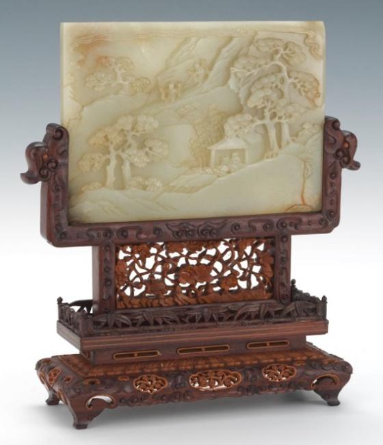 Lot 289.  Carved White Jade Screen in Boxwood Stand, ca.  1750