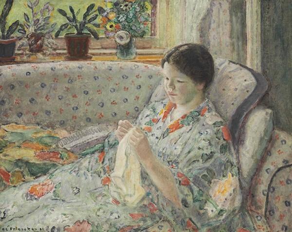 Frederick Carl Frieseke (American, 1874–1939), “Girl Sewing (The Chinese Robe),” 1931.  Oil on canvas.  Georgia Museum of Art, University of Georgia; Museum purchase with funds provided by the Chu Family Foundation.  GMOA 2015.316