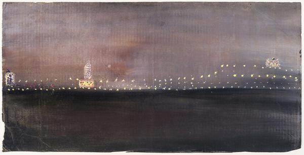 WALTER, FRANK, 1926-2009.  Harbor, Nocturne, Oil on corrugated cardboard, 13 1/8" x 26 3/8" 