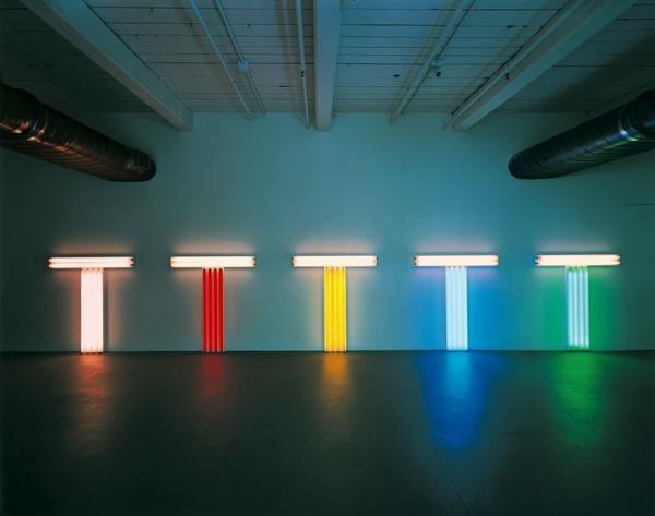 Installation view, Dan Flavin, untitled (to Don Judd, colorist) 1-5, 1987, MASS MoCA; courtesy of David Zwirner, New York/London