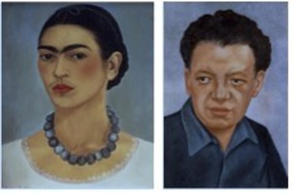 : Frida Kahlo.  Autorrtrato con collar (Self-Portrait with Necklace), 1933, oil on metal, and Retrato de Diego Rivera (Portrait of Diego Rivera), 1937, oil on masonite.  The Jacques and Natasha Gelman Collection of 2oth Century Mexican Art, courtesy of the Vergel Foundation and the Tarpon Trust.  © 2015 Banco de México Diego Rivera Frida Kahlo Museums Trust, Mexico, D.F.  / Artists Rights Society (ARS), New York.