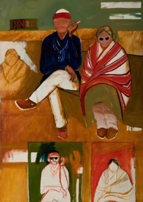 T.  C.  Cannon (1946–1978, Caddo/Kiowa), Mama and Papa Have the Going Home Shiprock Blues, 1966.  Acrylic and oil on canvas.  Museum of Contemporary Native Arts, Santa Fe, New Mexico, Honors Collection CD-10.  © 2017 Estate of T.  C.  Cannon.  Photo by Addison Doty.