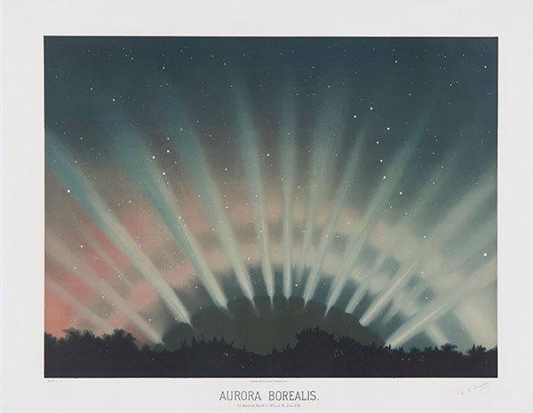 E.  L.  Trouvelot (1827–1895), Aurora Borealis, 1881, color lithograph, 25 3/4 × 32 3/4 in.  Jay T.  Last Collection, The Huntington Library, Art Collections, and Botanical Gardens.