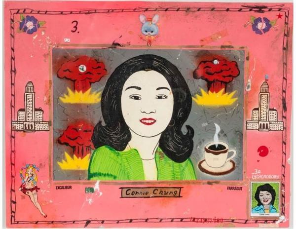 Jeffrey Vallance, Connie Chung #3, 1981, 20.5 x 24.5 inches (framed), enamel on board with decals.  Collection of the Nora Eccles Harrison Museum of Art, Utah State University, Gift of Larry and Mimi Kennedy Dilg.