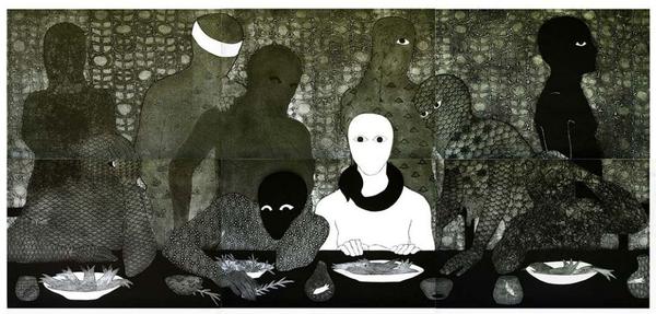 Belkis Ayón, La cena (The Supper), 1988, collagraph in 6 parts, 54 1/4 x 117 1/4 inches © and courtesy Estate of Belkis Ayón