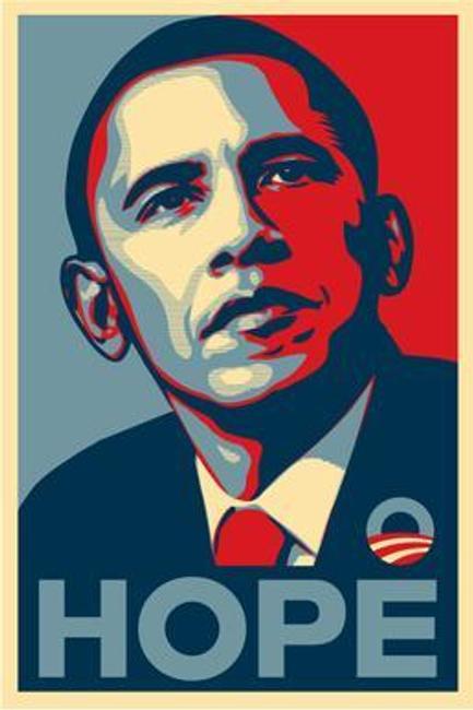 Version of Shepard Fairey's iconic Obama poster, featuring the word "hope".  The original artwork was hung at the National Portrait Gallery in 2009 and 2013