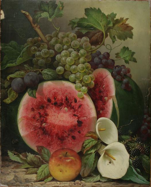 WILLIAM MASON BROWN (AMERICAN, 1828-1898) STILL LIFE WITH WATERMELON, FRUIT AND CALLA LILIES (Lot 8) fetched $59,520.