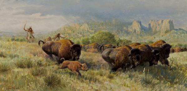 John Clymer (1907-1989) Buffalo Chase, oil on canvas, 10 x 20 in., $75,000/$125,000 