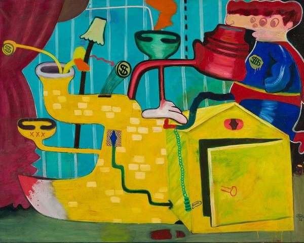 Peter Saul, Superman Versus the Toilet Duck, 1963.  Oil on canvas, 63 x 78 ¾ in.Crystal Bridges Museum of American Art, Bentonville, Arkansas © Peter Saul.  Courtesy Mary Boone Gallery, NY