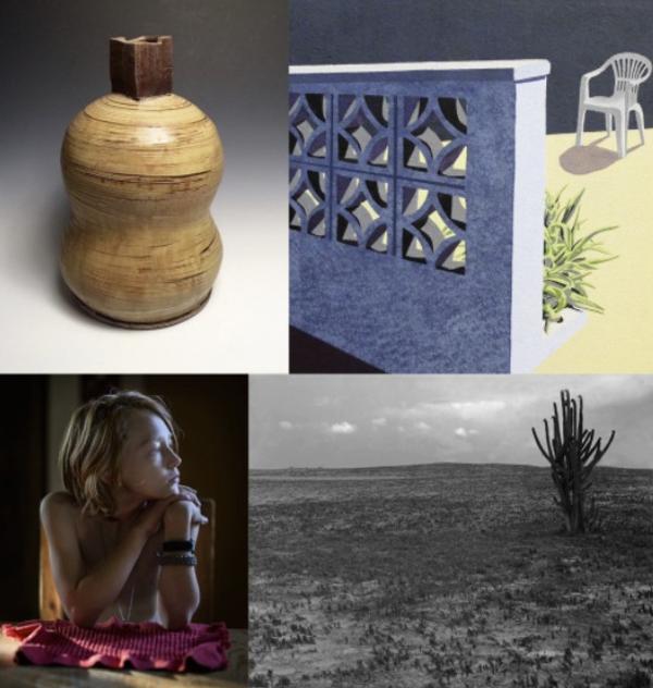 Top row: Doug Casebeer, Amber Vase, 2016; Liz Ferrill, Weed (detail), 2016, acrylic and gouache on canvas, 16 x 12 in.  Bottom row: Andrea Wallace, Nicolai, Fraternal Series, 2016, digital archival print, 40 x 30 in.; Jose Ferreira, The Legend of Foluzinha II, 2010, platinum print photograph, 30 x 40 in.