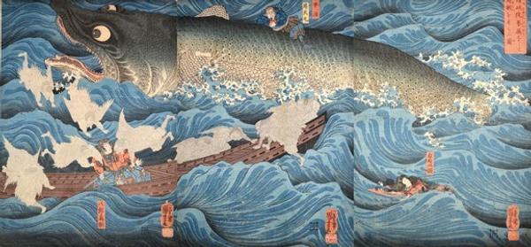 Kuniyoshi.  Tametomo and his Son Rescued from the Sea Monster by Tengu.  c.  1850.  Woodblock print.  14” x 29,” triptych