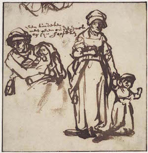 Rembrandt van Rijn, Dutch, 1606 – 1669: Studies of a Woman and Two Children, c.  1640; reed pen and finger rubbing in dark brown (iron-gall) ink, 5-3/8 x 5-13/64 in.  Ackland Art Museum, The University of North Carolina at Chapel Hill, The Peck Collection.