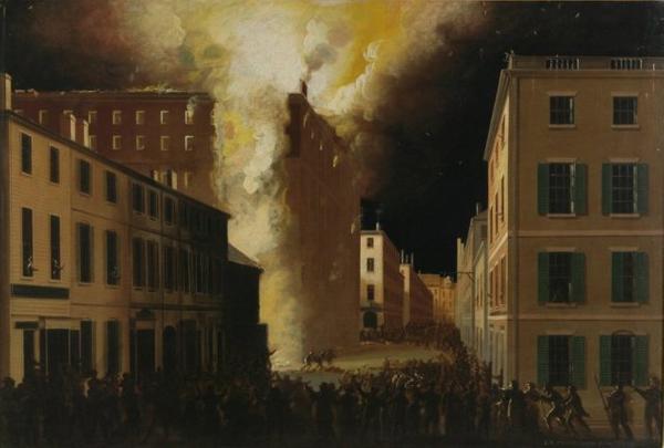 John Ritto Penniman (American, 1782-1841) Boston's Exchange Coffee House Burning of 1818.  Boston, 1824.  Signed and dated lower right, "J R Penniman Pinxt 1824." Oil on canvas.  27 3/8 x 41 5/8 inches