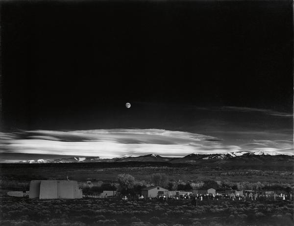  Lot 99: Ansel Adams, Moonrise, Hernandez, New Mexico, mural-sized silver print, 1941, printed early 1950s.  Estimate $200,000 to $300,000.  