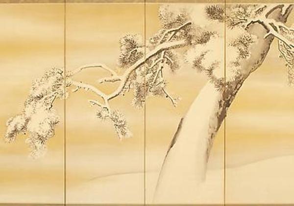 Detail of Kawabata Gyokushô (1842-1913) Pair of screens depicting snow on pine trees, ca.  1900, ink and gold on paper.  From Joan B.  Mirviss Ltd.