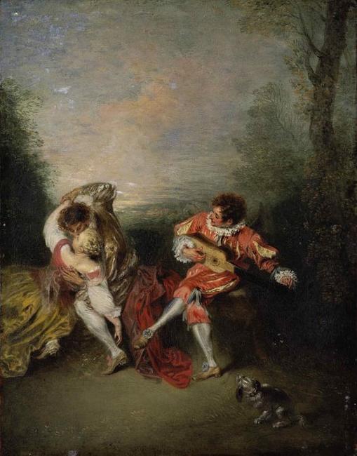 La Surprise, ca.  1718, Jean Antoine Watteau (French, 1684 – 1721).  Oil on panel.  36.3 x 28.2 cm.  The J.  Paul Getty Museum, Los Angeles 