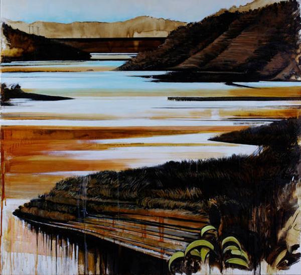 Karen Kitchel © 2016 Waterway #8 (Lake Casitas), asphalt emulsion, tar, wax, powdered pigments, shellac/canvas; 50"x50" courtesy the artist.  