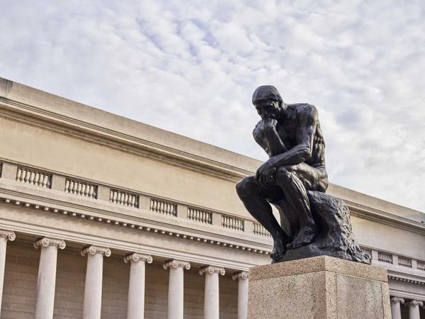 Auguste Rodin, The Thinker, 1888 (enlarged 1902–1903, cast ca.  1914).  Bronze, 74 3/8 x 38 5/8 x 55 1/8 in.  (189 x 98 x 140 cm).  Inscribed: A.  Rodin and A.  Rudier / Fondeur.  Paris.  Gift of Alma de Bretteville Spreckels, 1924.18.1