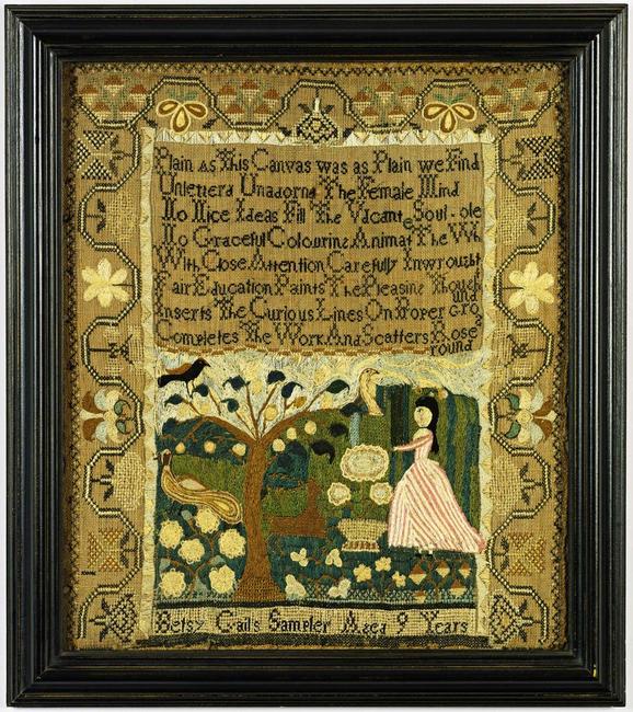 Fine and Rare Needlework Sampler, Betsey Gail, Marblehead, Massachusetts, circa 1790, Betsy Gail.  Est.  $60/80,000