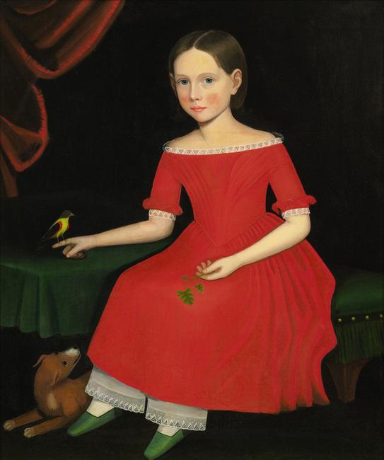 Ammi Phillips.  Portrait of a Winsome Young Girl in Red with Green Slippers, Dog and Bird.  Est.  $300/500,000.