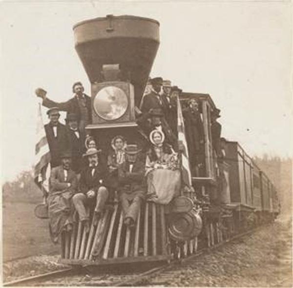 Locomotive on the Baltimore and Ohio Railroad, near Oakland, Maryland, about 1860.  Salted paper print.  Image: 16.2 × 16 cm (6 3/8 × 6 5/16 in.).  Lent by The Metropolitan Museum of Art, Purchase, The Horace W.  Goldsmith Foundation Gift, through Joyce and Robert Menschel, 1991 (1991.1151).  Image: www.metmuseum.org