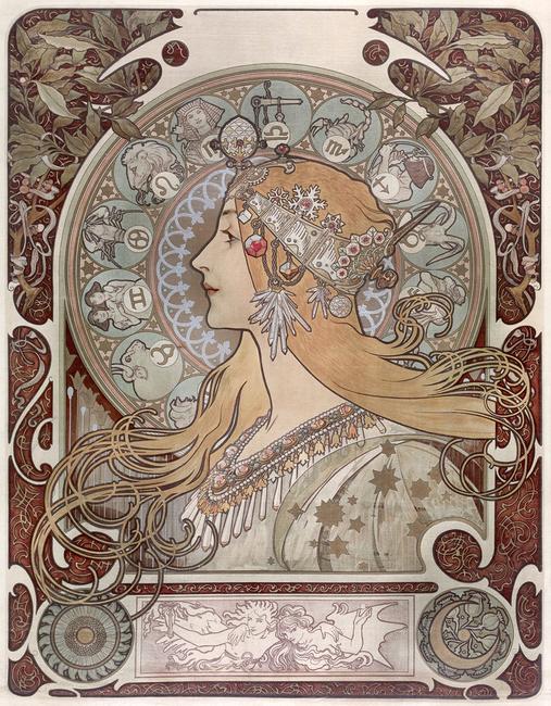 Alphonse Mucha (Czech, 1860–1939) Printer: F.  Champenois, Paris "Zodiac", 1896 Color lithograph on silk 25 3/4 × 20 in.  Acc.  no.  151093 Photograph by John Faier, © Driehaus Museum, 2015