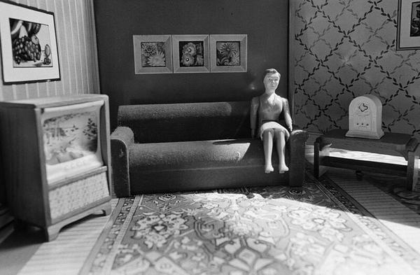 Laurie Simmons , Woman Listening to Radio , 19 78 , gelatin silver print , 5 1/4 x 8 in.  , Addison Gallery of American Art, Phillips Academy, Andove r, MA, museum purchase and partial gift of the artist , 2015.31 