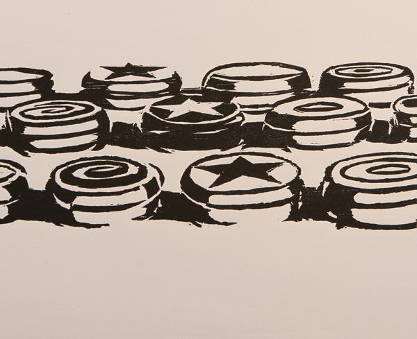 Wayne Thiebaud, Yo-Yos, woodcut, second state, artist’s proof, 1964.  Promised gift of the artist.  Art © Wayne Thiebaud/Licensed by VAGA, New York, NY