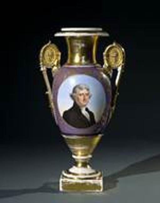 Opening just days after the Presidential Inauguration, the Show’s objects with a presidential theme include Hirschl & Adler Galleries’ c.  1825 glass urn with a portrait of George Washington and a Paris porcelain vase with Thomas Jefferson’s portrait, c.  1828-30 (image shown); Kenneth W.  Rendell Gallery’s letter dated May 1862 written by Abraham Lincoln to Major General George B.  McClellan; and S.J.  Shrubsole’s gold and citrine fob seal (c.  1824) decorated with portraits of George Washingto