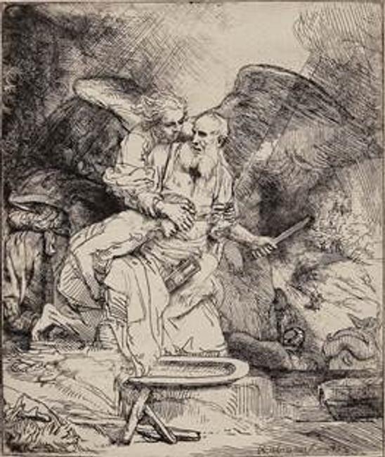 Rembrandt, Abraham’s Sacrifice, 1655.  B.  35, I/I (White & Boon only state); H.  283.  Etching on laid paper with pen and ink ruled lines, 6 1/8 x 5 ¼ in.  