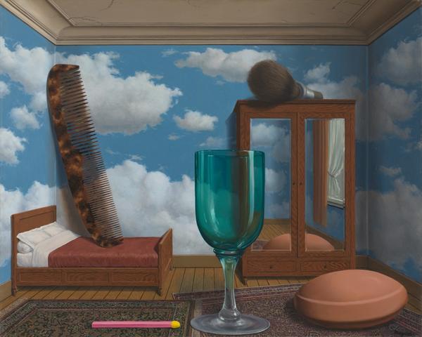 René Magritte, Les valeurs personnelles (Personal Values), 1952.  oil on canvas, 31 1/2 in.  x 39 3/8 in.  (80.01 cm x 100.01 cm); Collection SFMOMA, Purchase through a gift of Phyllis C.  Wattis; © Charly Herscovici, Brussels / Artists Rights Society (ARS), New York