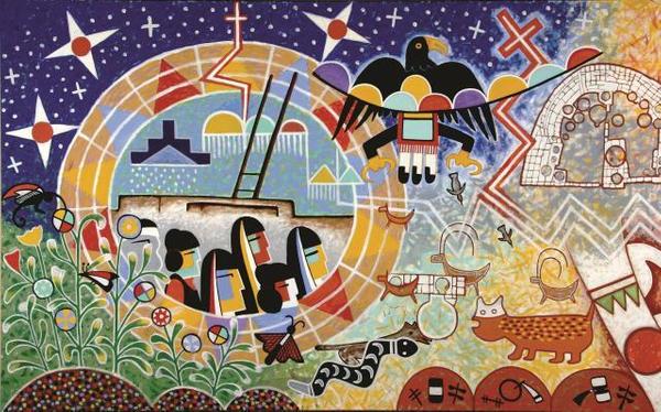 Michael Kabotie and Delbridge Honanie, Journey of the Human Spirit – The Emergence (Panel 1), 2001, Acrylic on canvas, Courtesy of the Museum of Northern Arizona © Gene Balzer