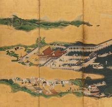 Japanese, " Views of Itsukushima and Wakanoura," Edo period, mid-17th century (Detail).  Ink, color, and gold leaf on paper; pair of six-panel folding screens.  SBMA, Museum Purchase, Peggy and John Maximus Fund.