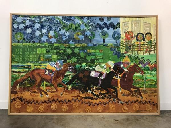 Large signed mixed media painting with a horse race theme by African American Master Wadsworth Jarrell (b.  1929), 50 inches by 73.75 inches (est.  $30,000-$40,000).