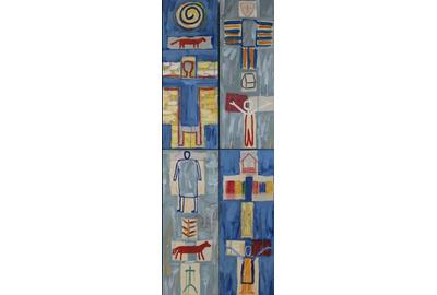 A pair of large acrylic diptychs by Jaune Quick-To-See Smith are titled “Okanogan Series #4 and 6.” Estimated at $20/30,000, the collage of four canvases measures 84 inches tall by 32 inches wide.  